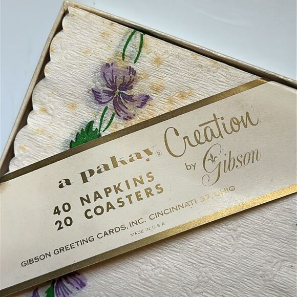 Vintage Gibson Violets 40 Paper Napkins & 20 Paper Coasters packaged boxed set - Picture 6 of 6